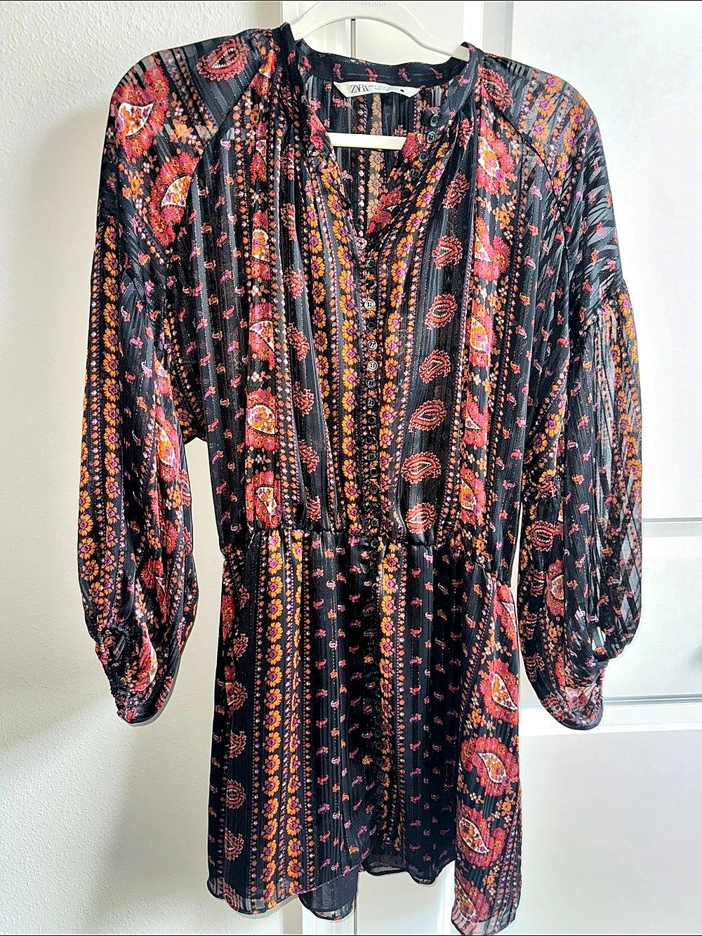 Zara Floral Mini Dress in Black & Red, size S